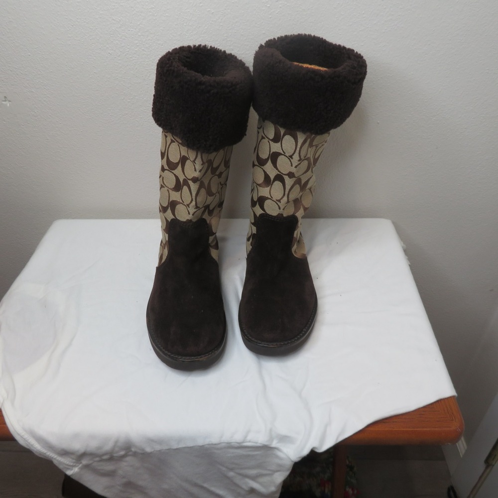 Coach Signature Monogram Suede Shearling Trim Winter Boots Brown Jacquard